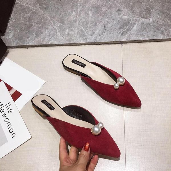 

shoes for girls slippers casual slipers women cover toe slides flock string bead lady 2020 flat pointed cotton fabric, Black