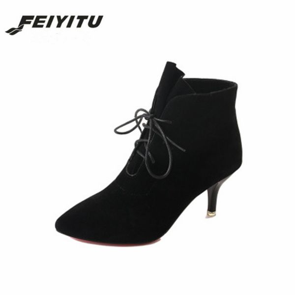

feiyitu ladies lace-up winter ankle boots women high heels short plush pointed toe fashion motorcycle boots black brown
