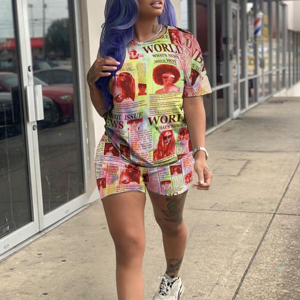 

women's contrast color newspaper tracksuit summer printed short sleeved + shorts 2 pieces sets outdoor casual sportswear clothes d4209, Gray