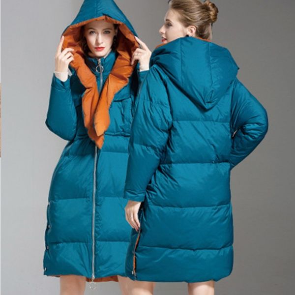 

blue hooded fashion long down jacket new casual winter jacket coat women large pocket plus size feather overcoat female ls217, Black