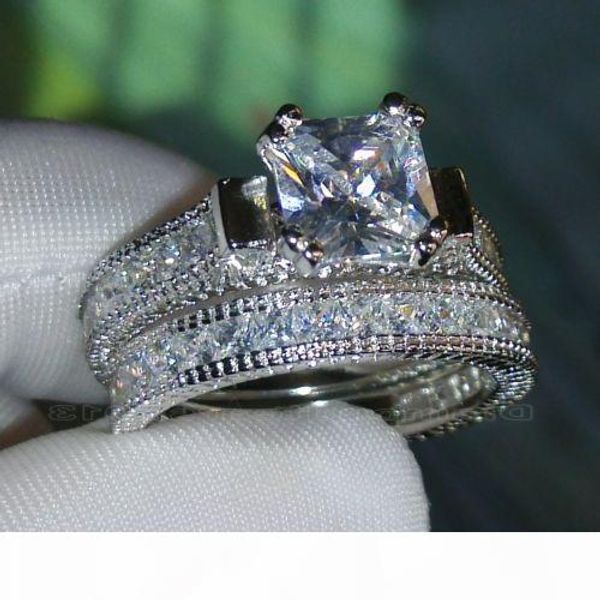 

luxury size 5-10 retro princess cut 14k white gold filled z simulated diamonds wedding ring set mother's day gift with box, Silver