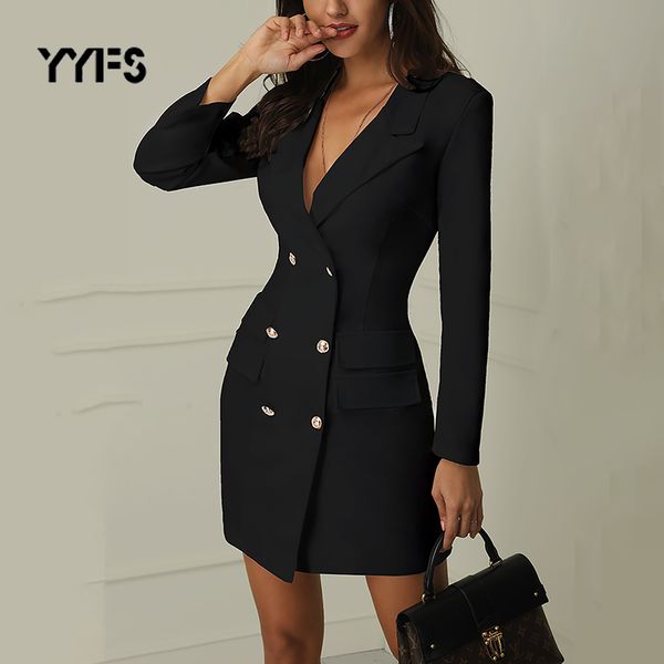 

formal suit blazer womens v-neck sheath mini dress casual double breasted pocket coat 2019 new fashion garnitur damski, White;black