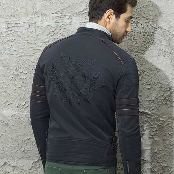 

thick outerwear fleece lining men vintage motorcycle style leather outerwear embroidered jackets casual coat, Black;brown
