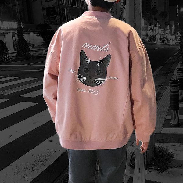 

sale fashion men cat graphic windbreaker jacket letter printed hood hip trench raglan sleeve bomer pink black khaki, Black;brown