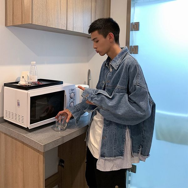 

2019 spring and autumn new korean version of the old denim jacket stitching loose fashion casual tide brand shirt blue m-xl, Black;brown