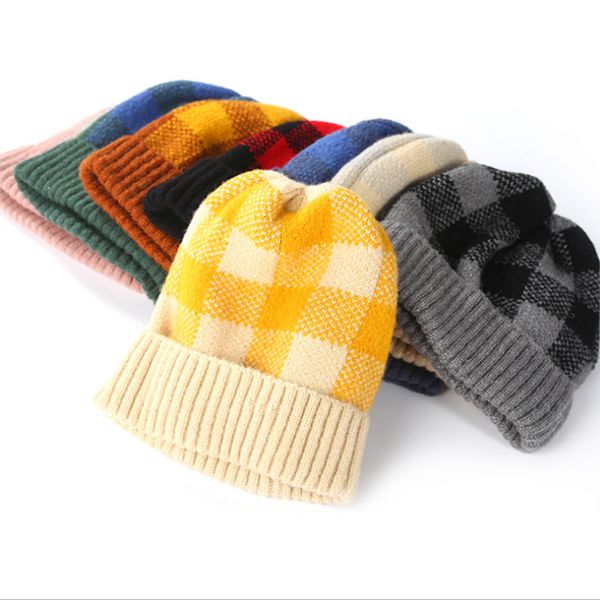 

adispulent parent-child cap classic plaid beanie hats women men winter warm knitted cap kids head wraps headwear hat