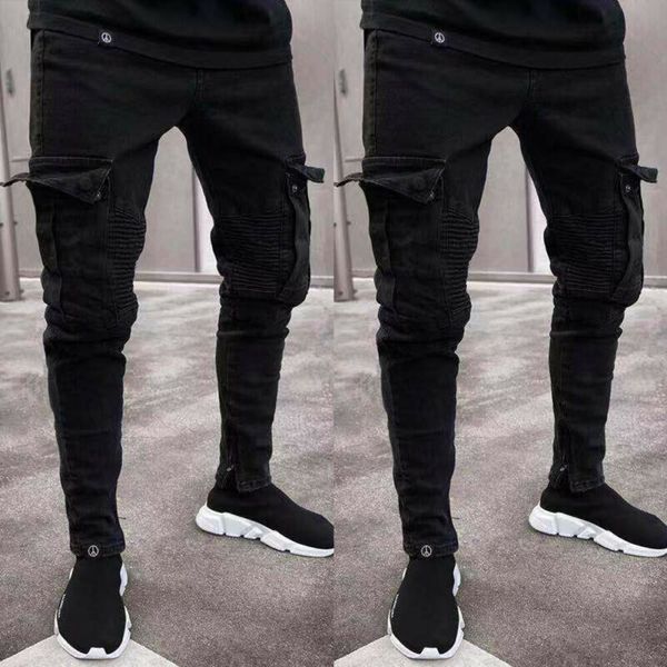 

new men denim skinny biker jeans destroyed frayed slim fit pocket cargo pants ripped distressed hole biker jeans pants hip hop, Blue