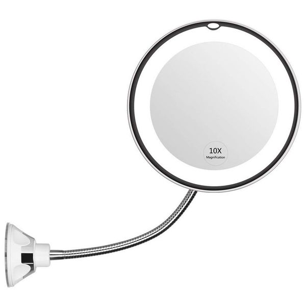 

flexible gooseneck 10x magnifying led lighted makeup mirror, bathroom magnification vanity mirror with suction cup, 360 degree swivel travel