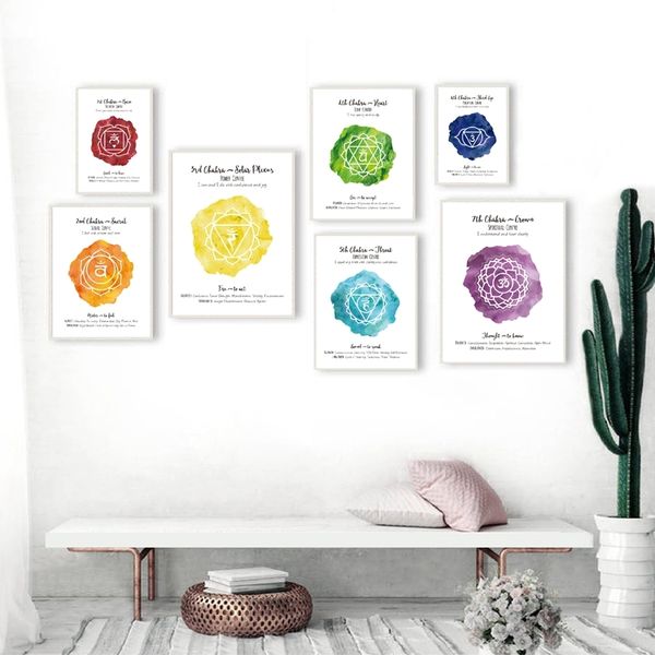 

7 chakra poster 7 chakras yoga mediation wall art print health aum yoga om symbol watercolor art canvas painting home decor