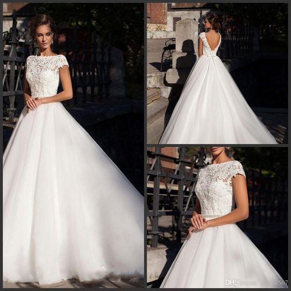 

2020 new graceful lace wedding dresses with beaded sash vintage backless short sleeves wedding gowns custom made sweep train bridal dress, White