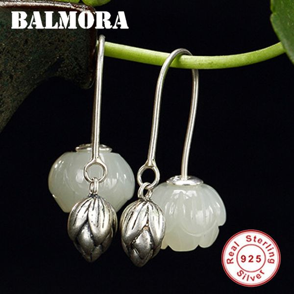 

balmora 925 sterling silver beautiful lotus flower & chalcedony dangle drop earrings for women bijoux jewelry brincos jwe1061