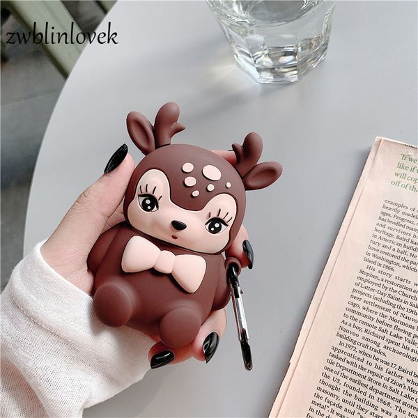 

3d cartoon cute deer keychain wireless bluetooth earphones cases for apple airpods case silicone airpods cover keyring for women, Silver