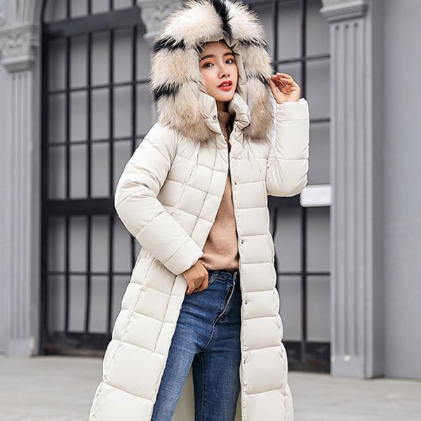 

winter cotton padded xlong coat jacket women big fake fur belt hooded thick parkas female 2019 autumn slim warm outwear ladies, Tan;black