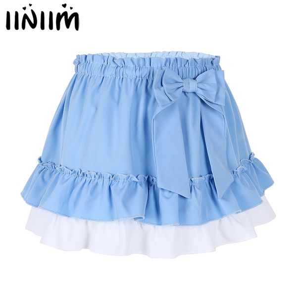 

iiniim men women elastic baby fancy skirts bowknot short skirt frilly ruffled hem kawaii a-line sissy cosplay mini skirt, Black;gray