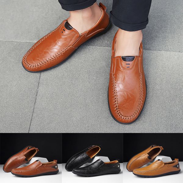 

2019 new chaussure homme shoes men solid color round toe sewing flat heel shallow mouth leather shoes zapatos de hombre #19705, Black