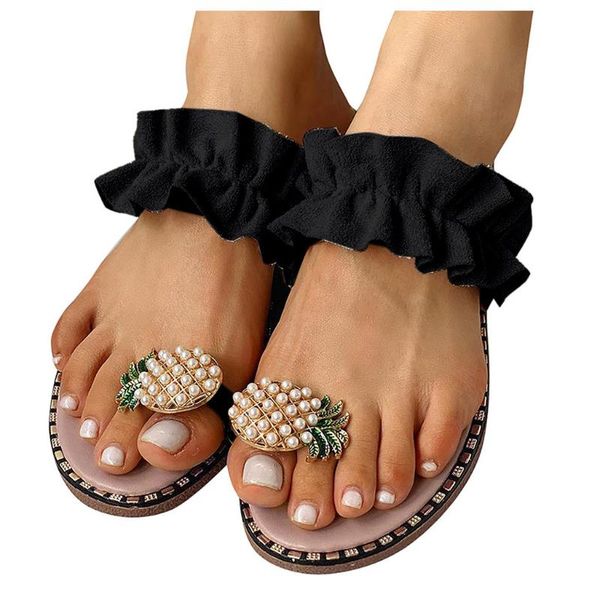 

sagace женщины девушки pearl flat богемный стиль casual пляж тапочки обувь тапочки плоский для женщин открытый поскользнуться на башмачок, Black