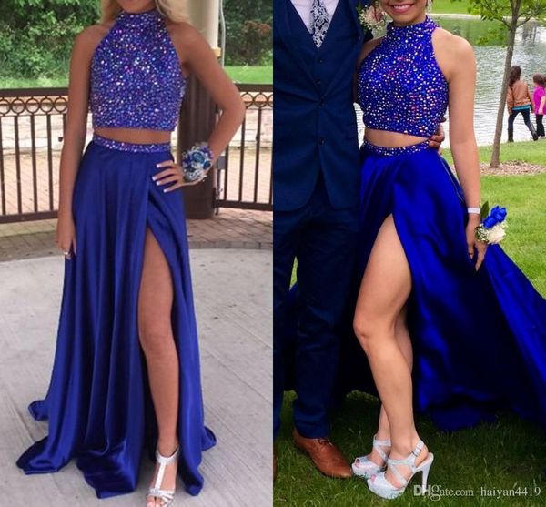 

sexytwo pieces prom dresses high neck crystal beading satin royal blue high side split hollow back formal party dress evening gowns, Black