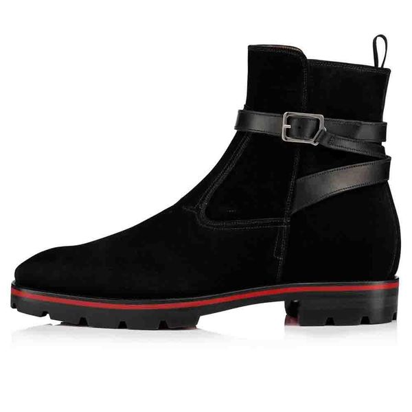 

2019 luxurious designer red bottom boots for men shoes ankle boots kicko style black suede calfskin elegant men's low heels boots 01