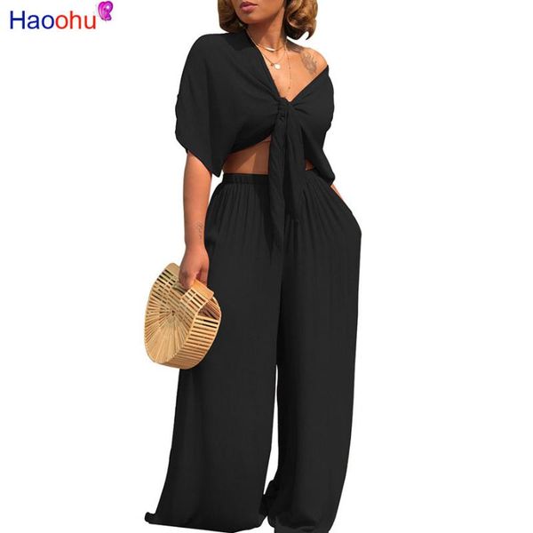 

haoohu plus size two piece set women outfits bow tie +wide leg pants suits casual clothes solid color matching sets, Gray