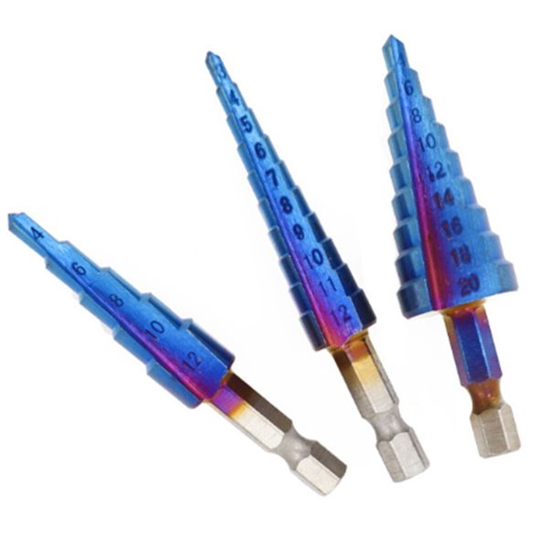 

3pcs hss 1/4 hex shank blue coated step drill bit cutting tool smoother drill bit set pagoda