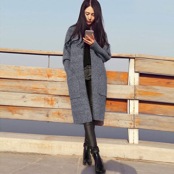 

2019 casual knitting long cardigan female loose plus size cardigan knitted jumper warm winter sweater women pockets 075, White