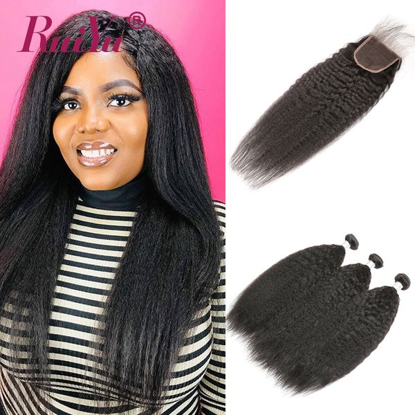 

kinky прямых связок с закрытием сыпучей волна яки человеческих пучков волос с closure raw индийского богородица наращивание волосы ruiyu про, Black;brown