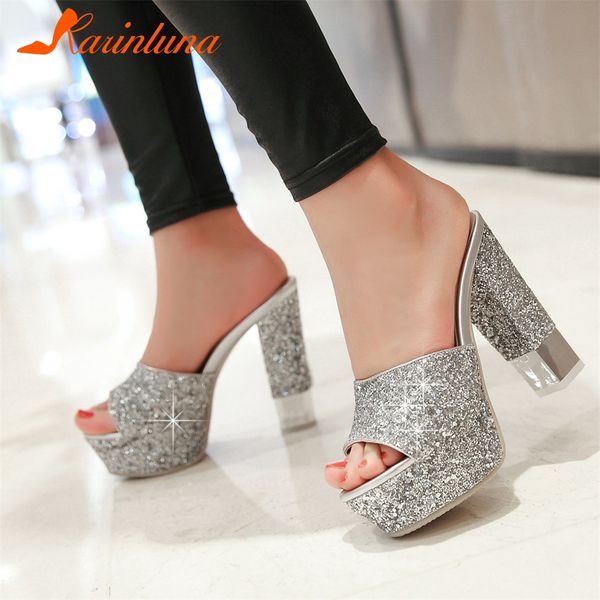 

karin big size 32-43 brand new mules bling platform shoes woman casual party summer pumps square high heels shoes women, Black