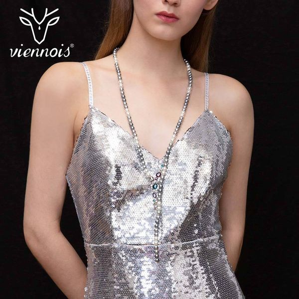 

viennois new geometric sweater chain mix color simulated-pearl long necklace for women trendy style female party jewelry, Silver