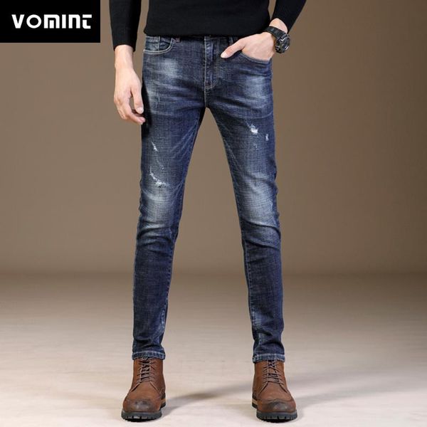 

vomint men's skinny jeans hip hop four seasons men's cotton long pant washing black blue color size 29-38