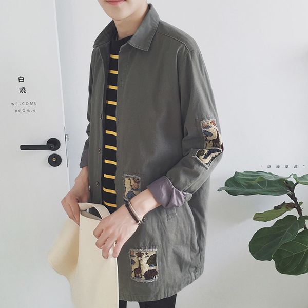 

autumn new thin windbreaker men fashion hole patch casual long jacket man streetwear wild hip hop loose coat male clothes -2xl, Tan;black