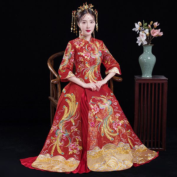 

изысканный восточный леди cheongsam костюм китайский стиль сучжоу вышивка qipao феникс древняя невеста свадебное платье платье, Red