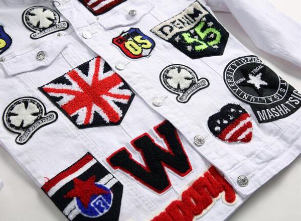 

2019mens jacket english flag skull embroidered white denim jacket letters badge long sleeve stretch coat patchwork outerwear, Black;brown