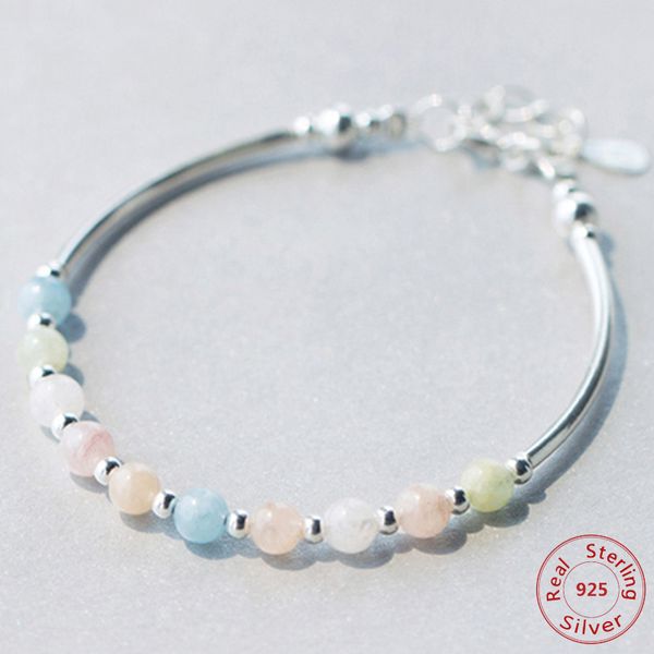 

100% real. 925 sterling silver nature morganite stone bracelet &lucky beads candy color drop shipping, Golden;silver