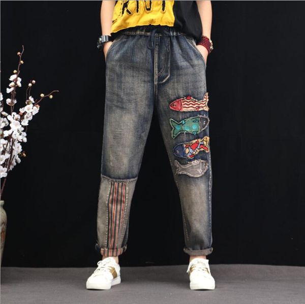 

women jeans autumn loose retro casual denim pants 2019 new female elastic waist pocket patchwork bleached vintage trousers p177, Blue