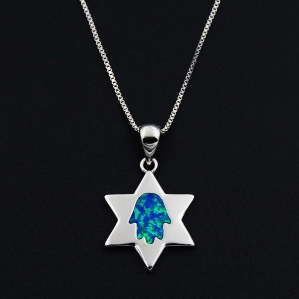 

ocean blue opal star of david jewish hamsa hand religion pendant necklace with lab-created opal, Silver
