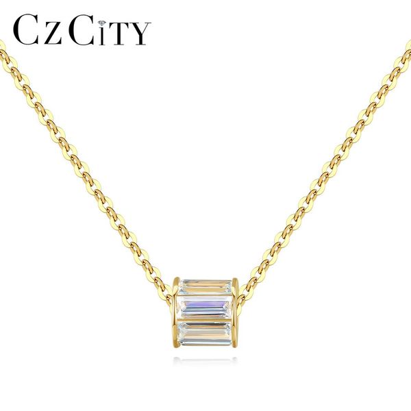 

czcity real solid 14k gold cylindrical pendant necklace for women with shiny cz charming chain choker fine jewelry au585 n14131, Silver