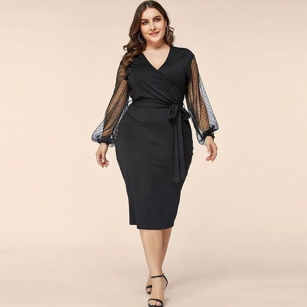 

xl-4xl 2020 women spring large size warp dress v-neck black mesh long office dresses plus size bodycon night party vestidos, Black;gray