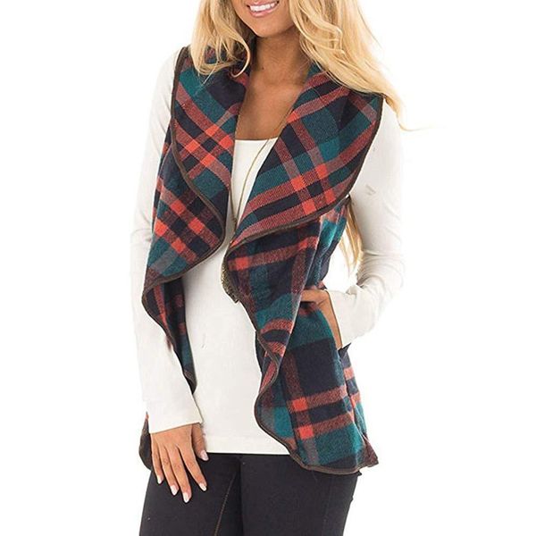 

plaid print waistcoat women irregular draped open front sleeveless vest coat, Black;white