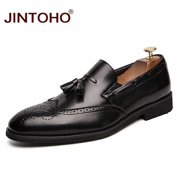 

jintoho big size men genuine leather shoes breathable men formal shoes slip on dress tassel black leather moccasins