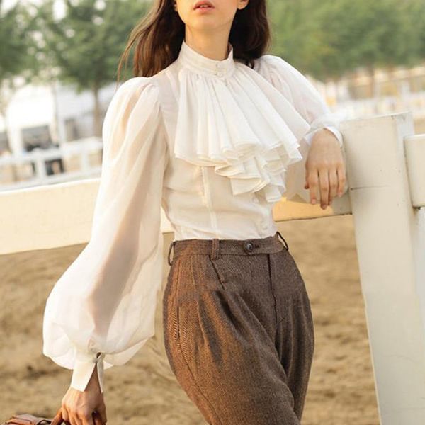 

chiffon shirts blouse women stand collar lantern long sleeve female elegant fashion clothes 2019 spring, White