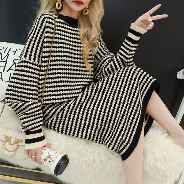 

autumn knitted suit women 2 two piece set skirt suit oversize warm tracksuit wool vintage set stripe elastic women outfits, White