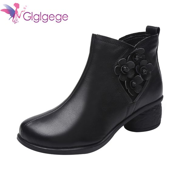 

glglgege bohemian ankle winter boots women shoes vintage genuine leather shoes woman zipper block thick heels booties botas, Black