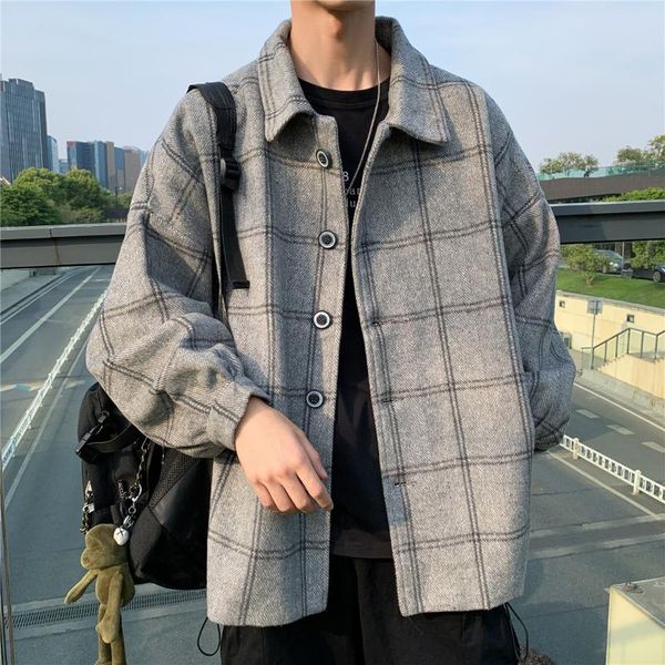 

autumn & winter trend ins woolen plaid coat men's japanese-style loose casual coat retro jacket harajuku, Black