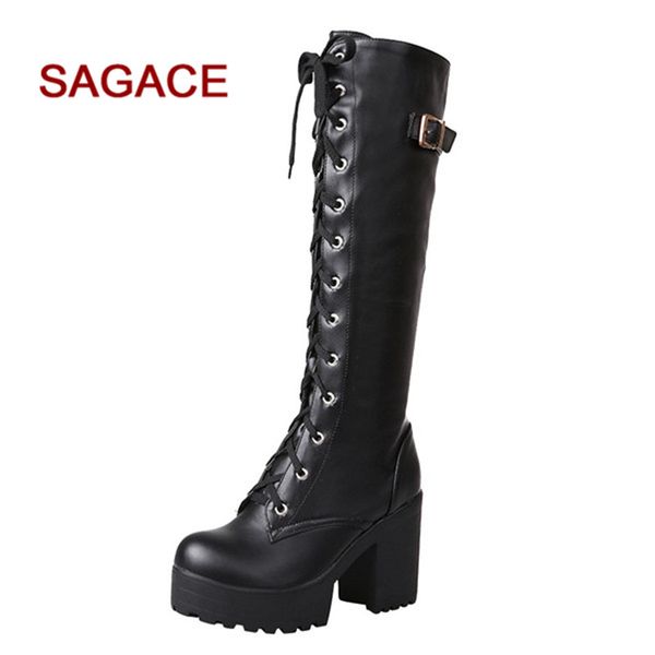 

2019 fashion women mid calf lace-up boots round toe thick with square heels vintage botas altas mujer sobre rodilla, Black
