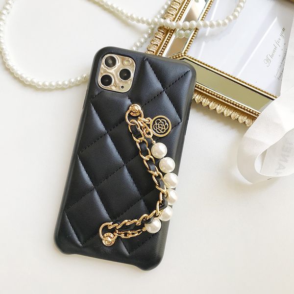 

fashion pearl metal hand strap wrist bracelet flower pendant soft lambskin leather case cover for iphone 11 pro xs max xr x 8 7 6 6s plus se