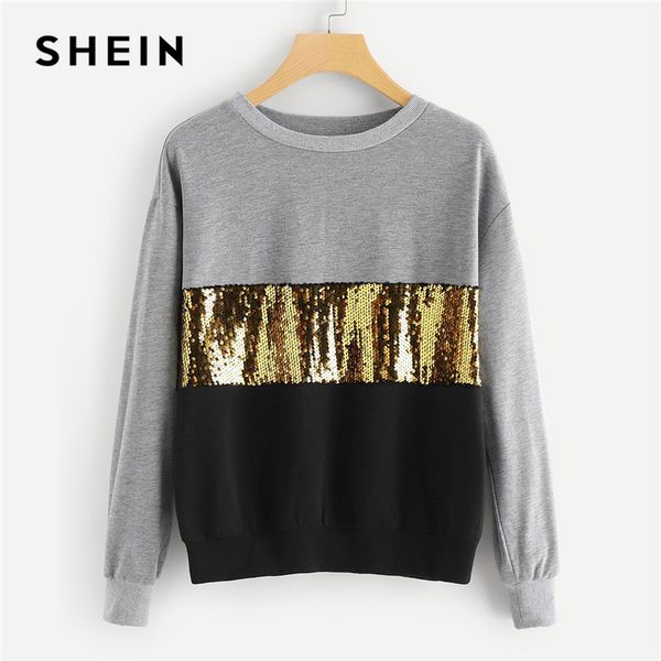 

shein multicolor contrast cut and sew sequin sweatshirt casual colorblock long sleeve pullovers women autumn sweatshirts, Black