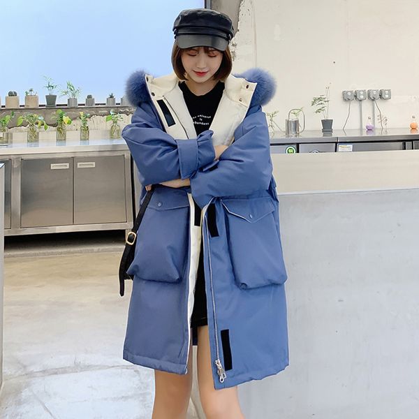 

winter women 90% white duck down jacket loose long down coat large real fox fur collar hooded outwear warm thick parka, Black