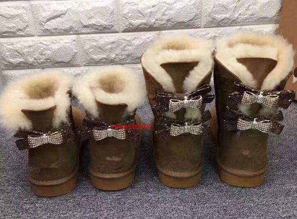 

classic australia wgg single double diamond snow boots female winter leather bow rhinestone crown warm thick cotton shoes