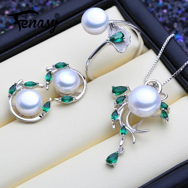 

fenasy 925 sterling silver emerald pearl jewelry sets natural stud earrings bohemian pendant necklace women green stones ring, Black