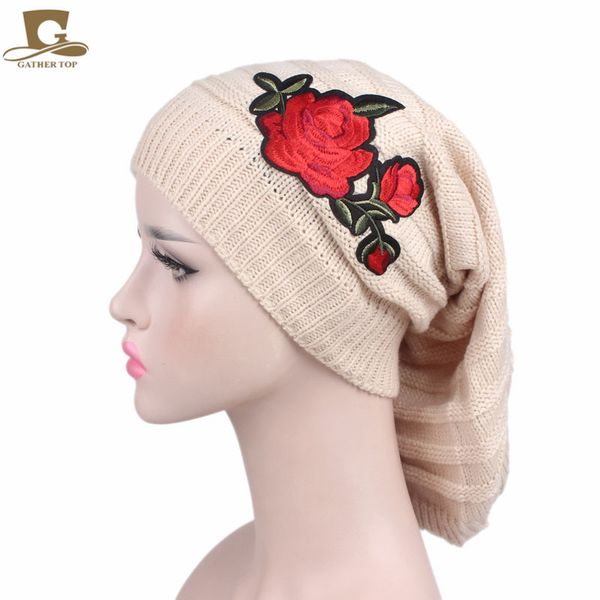 

new women winter slouchy beanie long knit dreadlock hat baggy cap with red rose flower